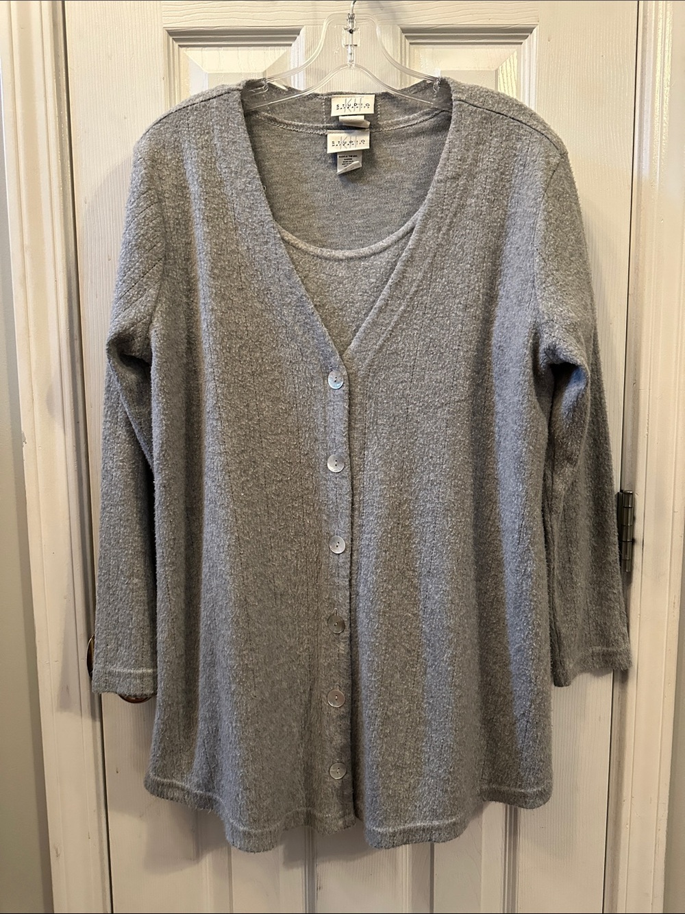 KH Studio Gray V-Neck Button Cardigan and scoop neck shirt